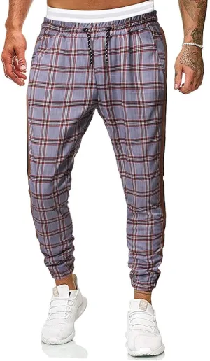 GTHTTT Men's Fashion Plaid Pants Chinos Casual Trousers Slim Fit Drawstring Tapered Stretch Workout Jogger Sweatpants Plaid