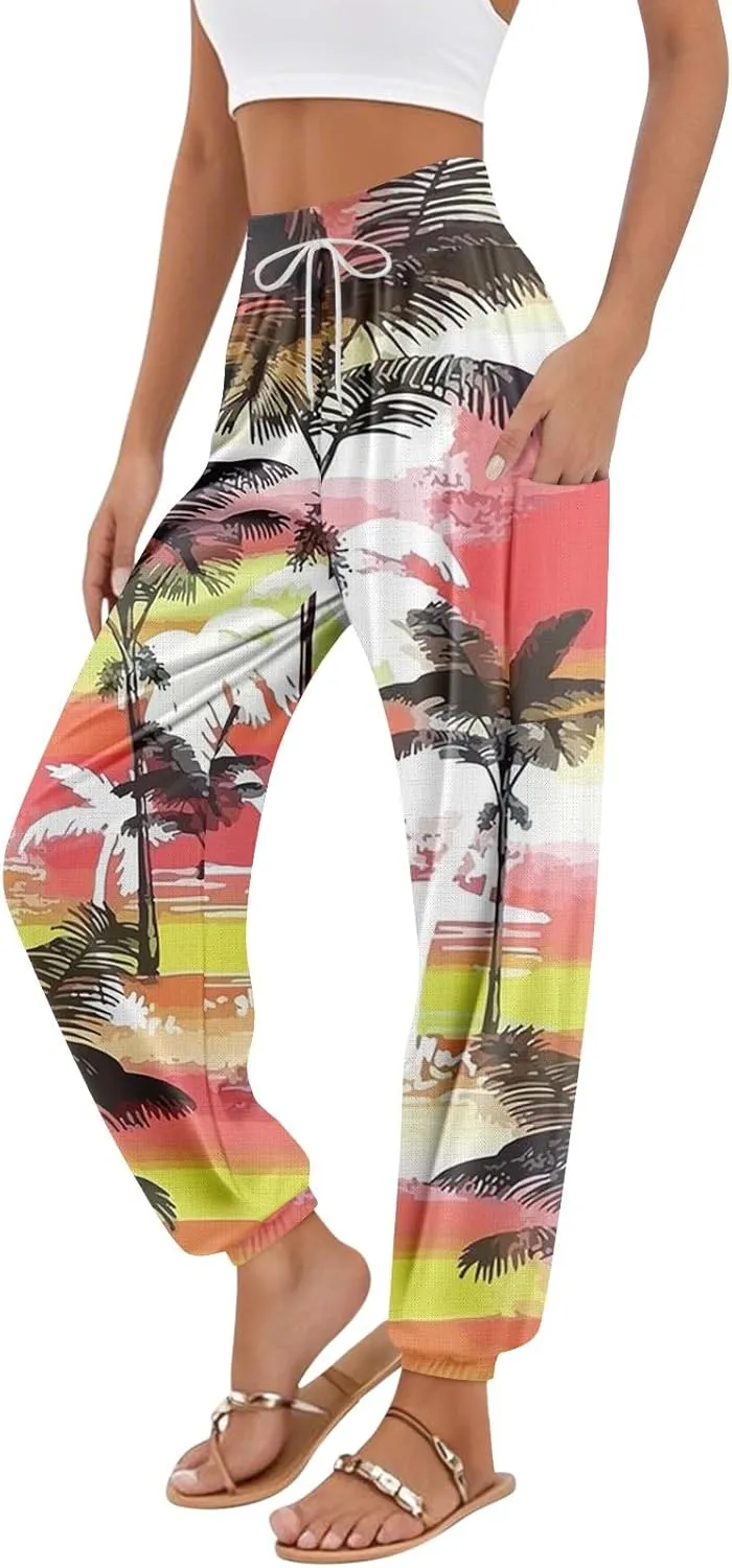 Harem Pants for Women Elastic Casual Summer Pants Harem Floral Print Trouser High Waisted Pockets Trendy Clothes