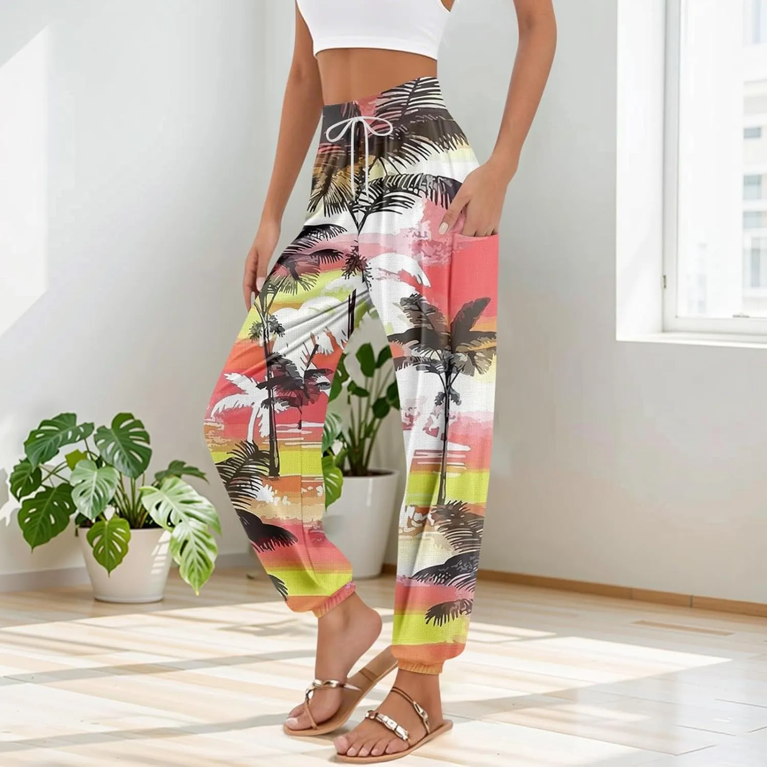 Harem Pants for Women Elastic Casual Summer Pants Harem Floral Print Trouser High Waisted Pockets Trendy Clothes