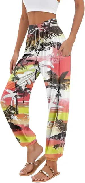 Harem Pants for Women Elastic Casual Summer Pants Harem Floral Print Trouser High Waisted Pockets Trendy Clothes