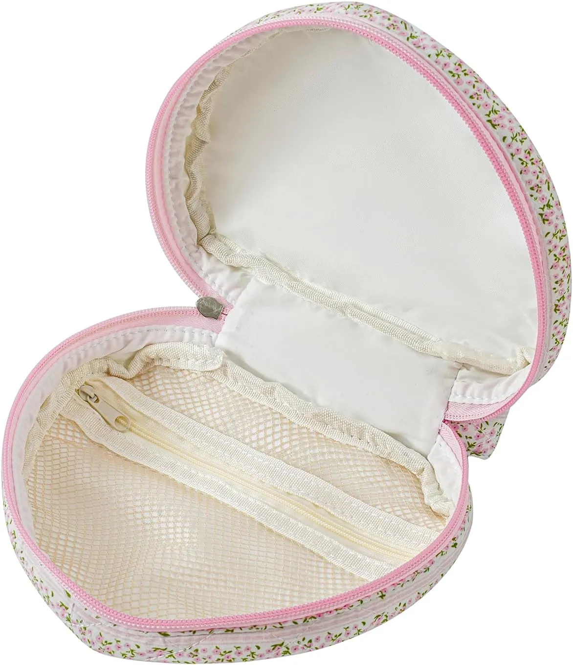 Heart Shaped Floral Cotton Cosmetic Bag Makeup Bag for Women, Travel Quilted Zipper Make Up Case with Handle, Flowers Toiletry Organizer Makeup Cosmetic Travel Cloth Pouch (Pink Floral)