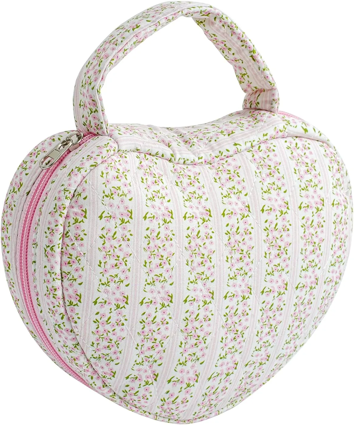 Heart Shaped Floral Cotton Cosmetic Bag Makeup Bag for Women, Travel Quilted Zipper Make Up Case with Handle, Flowers Toiletry Organizer Makeup Cosmetic Travel Cloth Pouch (Pink Floral)