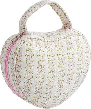 Heart Shaped Floral Cotton Cosmetic Bag Makeup Bag for Women, Travel Quilted Zipper Make Up Case with Handle, Flowers Toiletry Organizer Makeup Cosmetic Travel Cloth Pouch (Pink Floral)