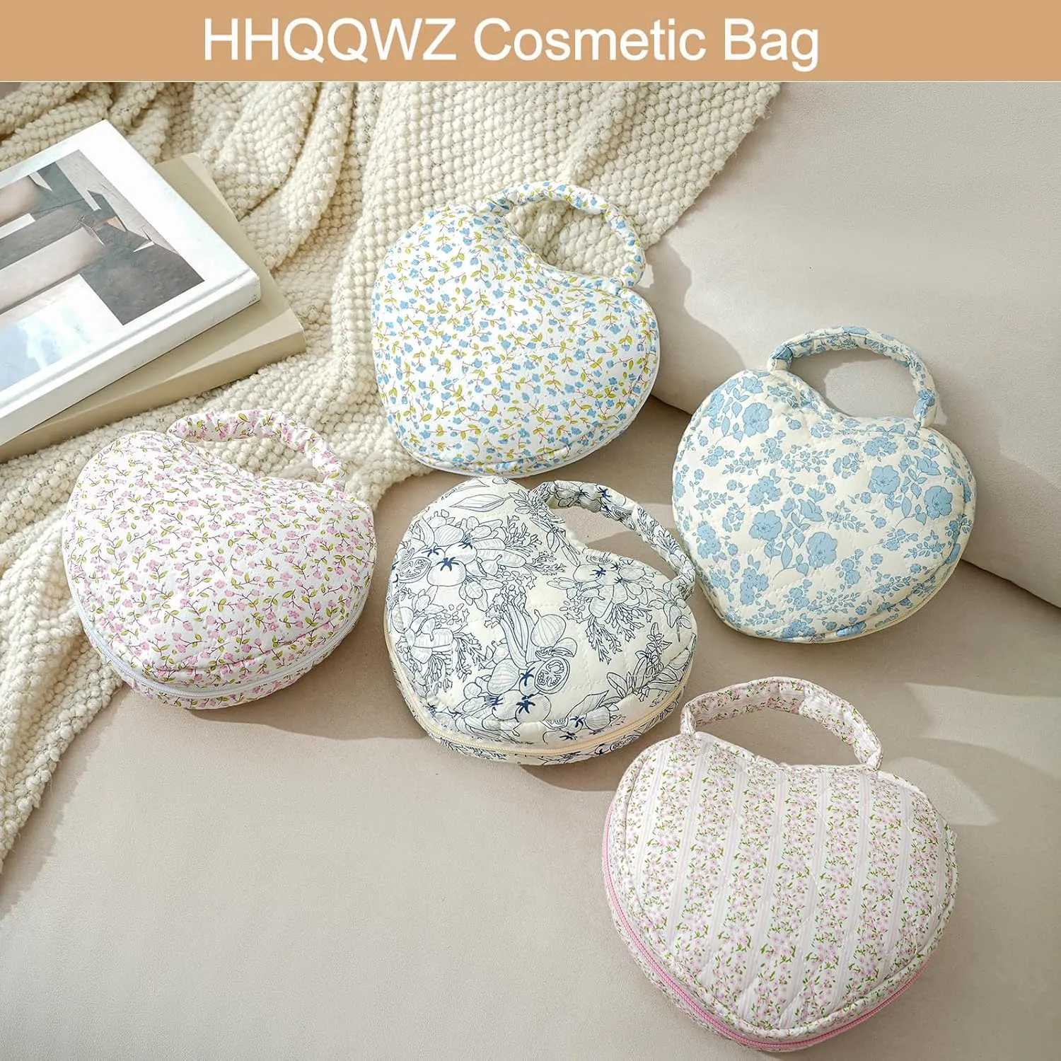 Heart Shaped Floral Cotton Cosmetic Bag Makeup Bag for Women, Travel Quilted Zipper Make Up Case with Handle, Flowers Toiletry Organizer Makeup Cosmetic Travel Cloth Pouch (Pink Floral)