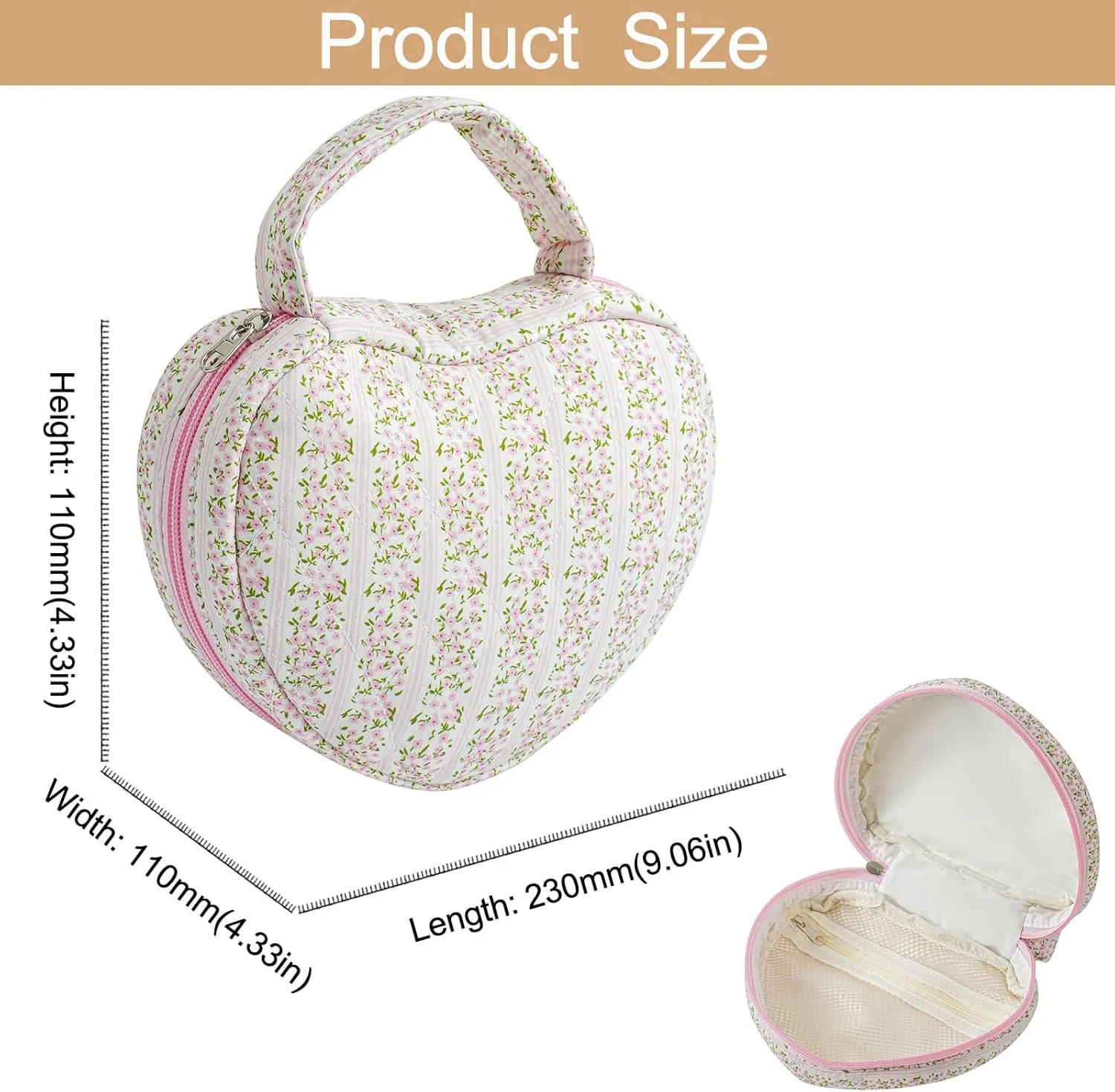 Heart Shaped Floral Cotton Cosmetic Bag Makeup Bag for Women, Travel Quilted Zipper Make Up Case with Handle, Flowers Toiletry Organizer Makeup Cosmetic Travel Cloth Pouch (Pink Floral)