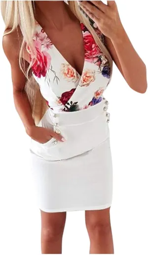 HGOOGY Sundress Beach Pockets Dress HIPS Printed Women Slim Multicolor V-Neck Side Sexy Mid Length Summer Dresses