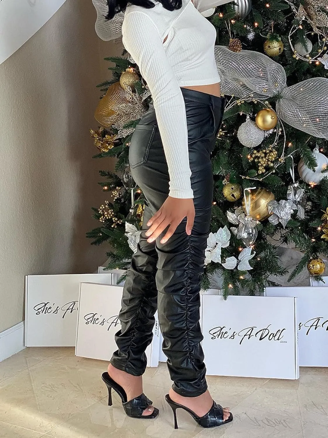 hibshaby Stretchy Faux Leather High Waist Pants for Women, Stacked Leggings Trendy High Waist Trousers Black