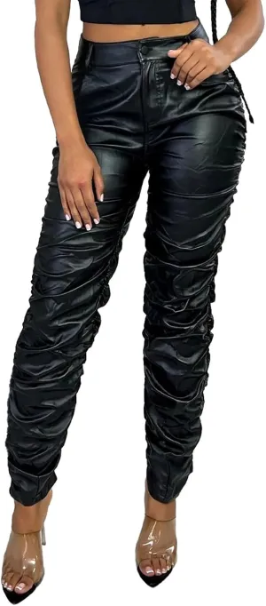 hibshaby Stretchy Faux Leather High Waist Pants for Women, Stacked Leggings Trendy High Waist Trousers Black