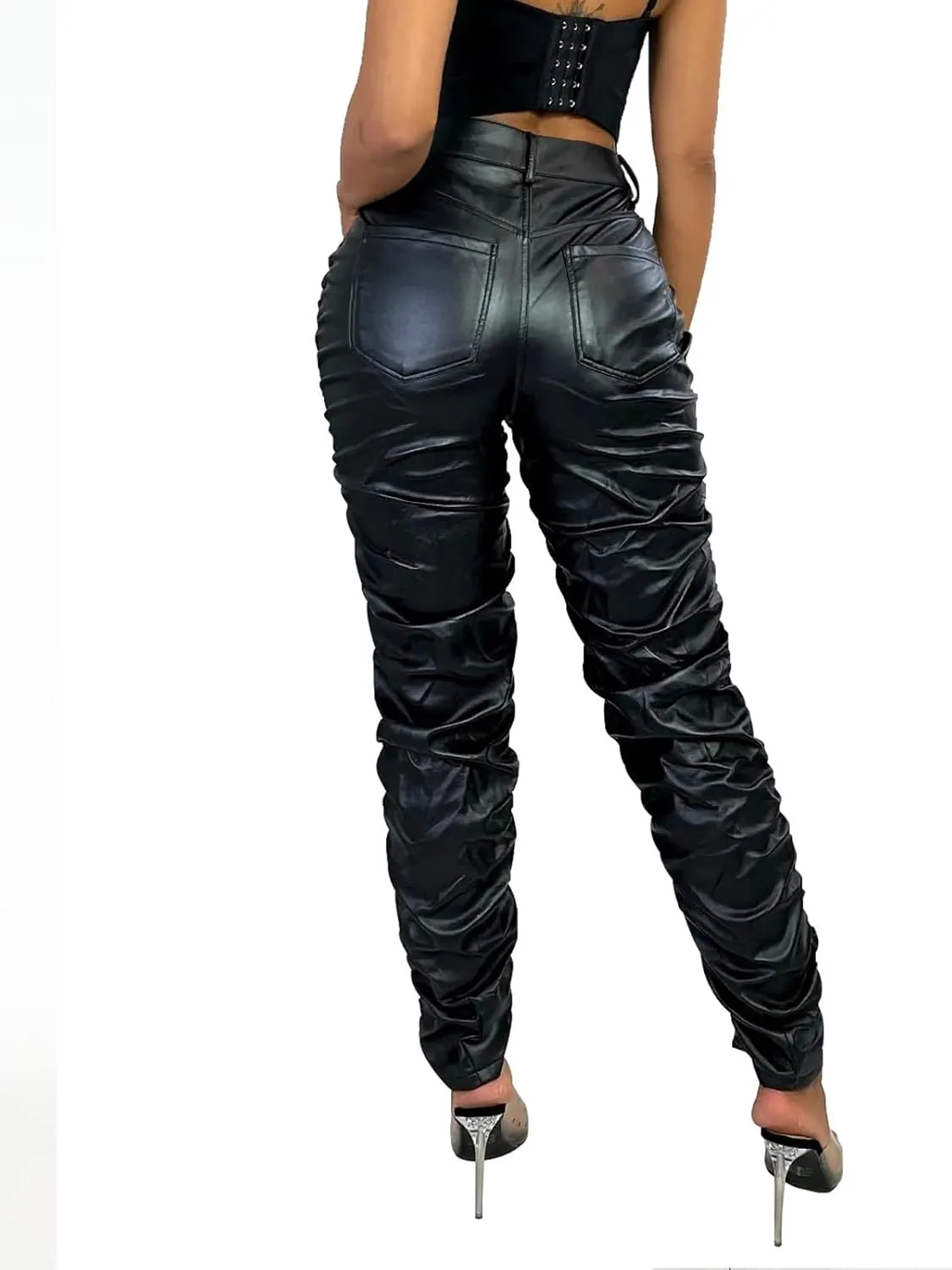 hibshaby Stretchy Faux Leather High Waist Pants for Women, Stacked Leggings Trendy High Waist Trousers Black