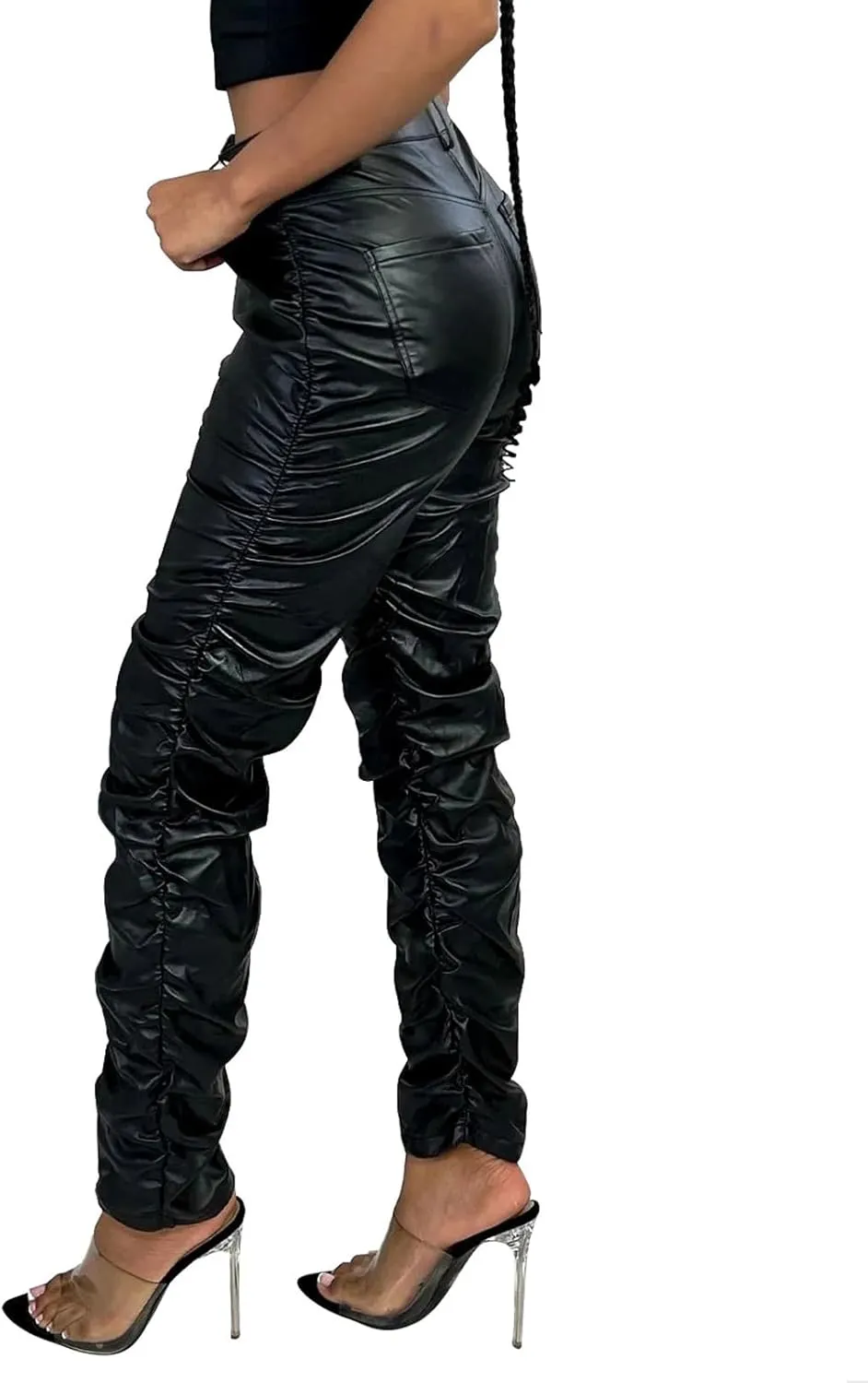 hibshaby Stretchy Faux Leather High Waist Pants for Women, Stacked Leggings Trendy High Waist Trousers Black