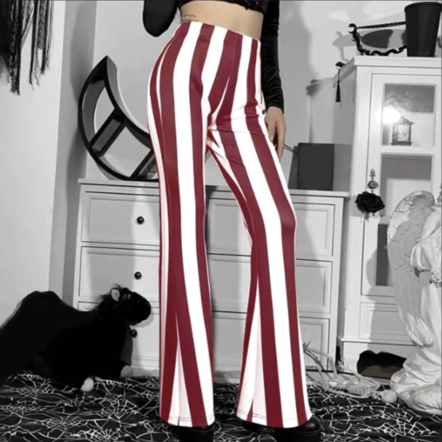 High Waist Vertical Stripe Bell Pants Flare Bottoms Trousers with Stretch Perfect for Women of Plus Size Womens