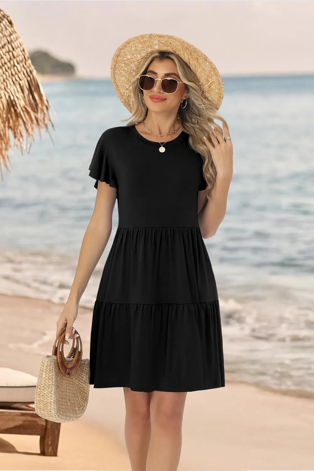 HiMONE Summer Dresses for Women 2025 Vacation Sundresses Ruffle Sleeve Boat Neck with Pockets A Line Casual Dress XS-2XL