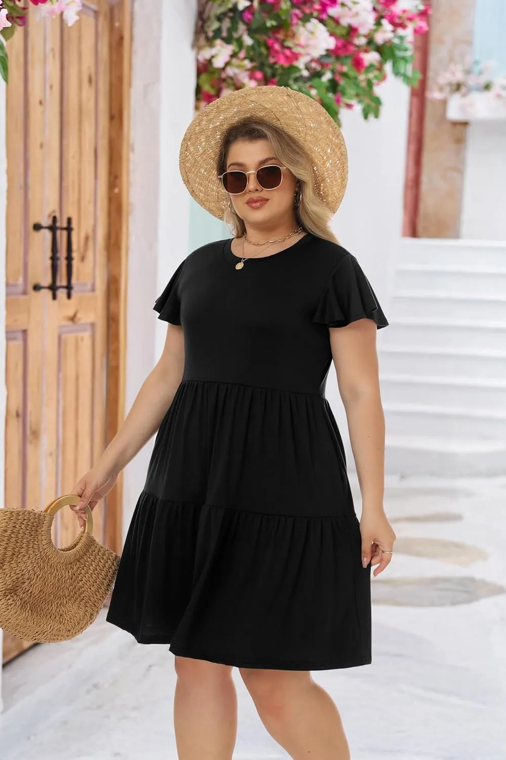 HiMONE Summer Dresses for Women 2025 Vacation Sundresses Ruffle Sleeve Boat Neck with Pockets A Line Casual Dress XS-2XL