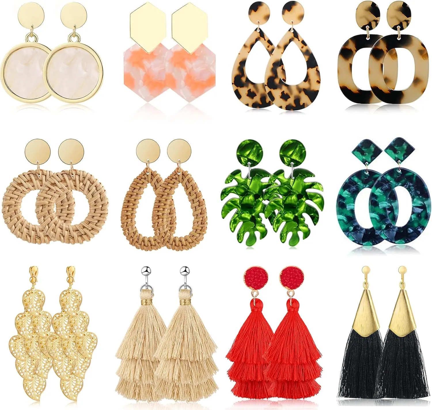 Honsny 12 Pairs Clip on Earrings for Women Fashion Rattan Tassel Earrings Set Bohemian Acrylic Gold Statement Non Piercing Drop Dangle Exaggerated Earrings for Women