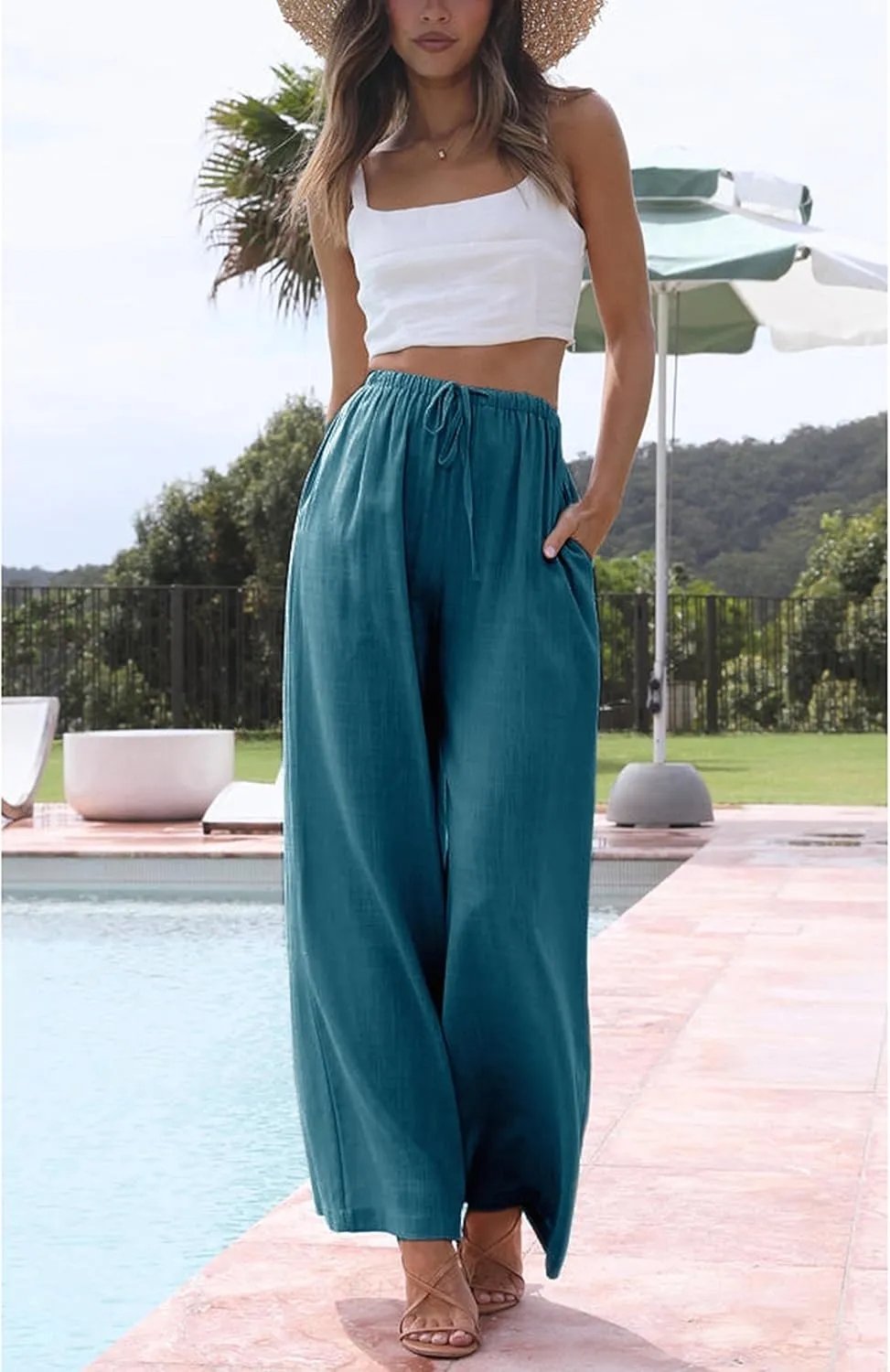 Hooever Women's Wide Leg Cotton Linen Pants High Waist Adjustable Tie Knot Lounge Trousers