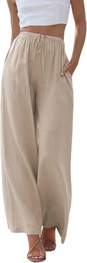 Hooever Women's Wide Leg Cotton Linen Pants High Waist Adjustable Tie Knot Lounge Trousers