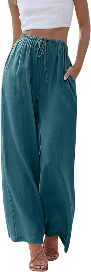 Hooever Women's Wide Leg Cotton Linen Pants High Waist Adjustable Tie Knot Lounge Trousers