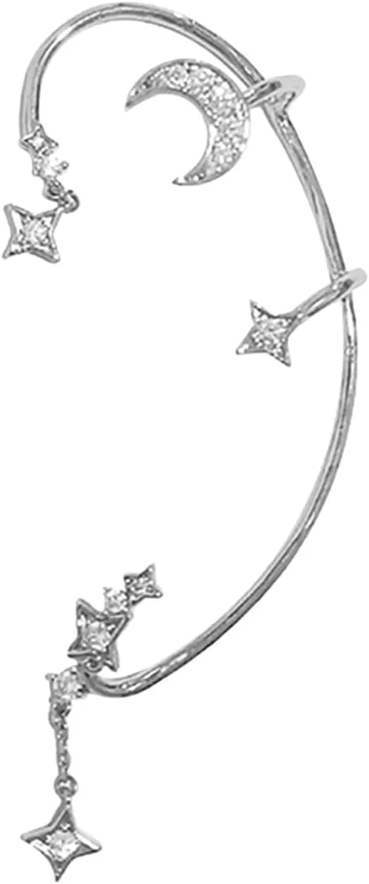 Inlaid Zircon Star Moon No Piercing Ear Crawler Climber Earrings Ear Clip Wrap Around Earrings for Women (A, One Size)