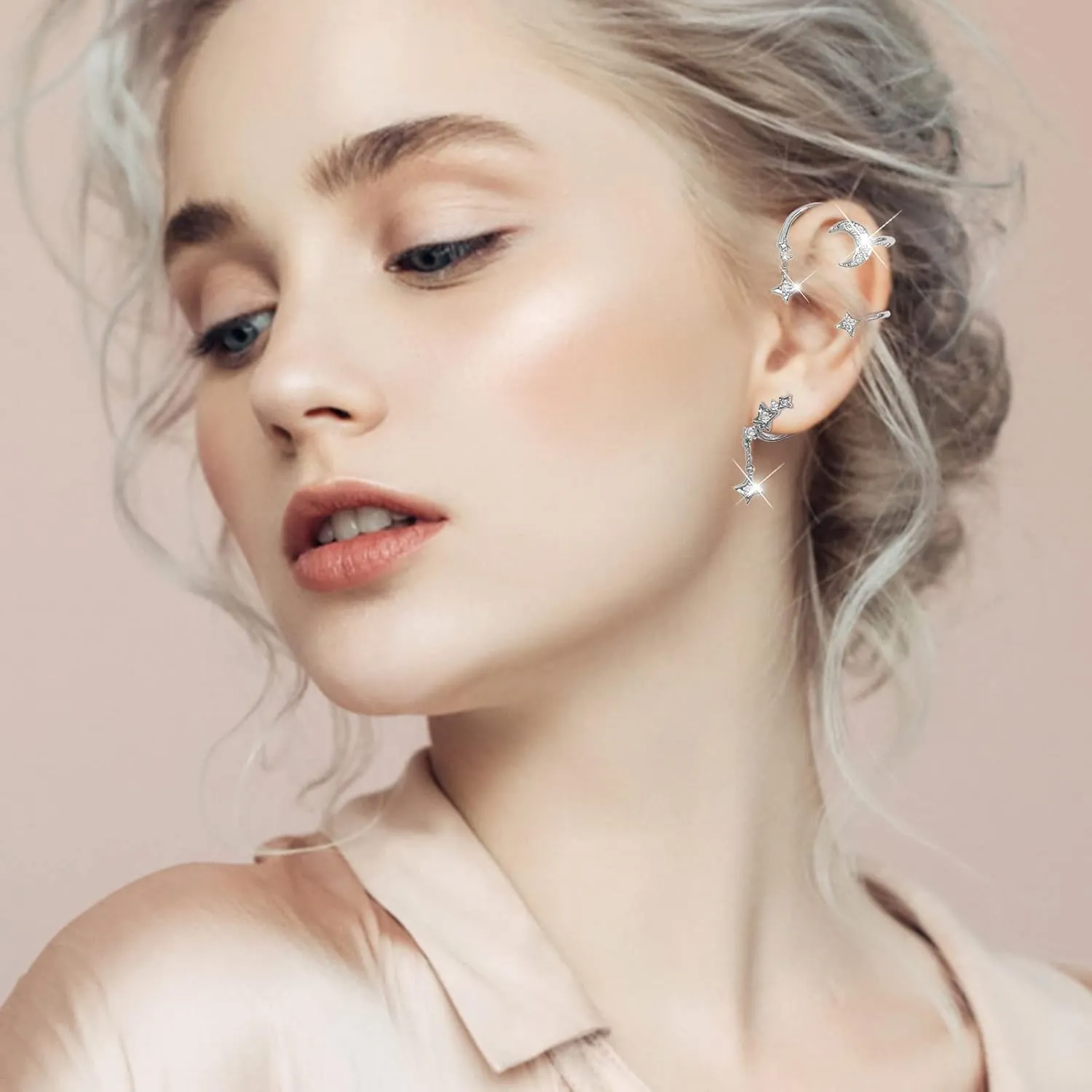 Inlaid Zircon Star Moon No Piercing Ear Crawler Climber Earrings Ear Clip Wrap Around Earrings for Women (A, One Size)