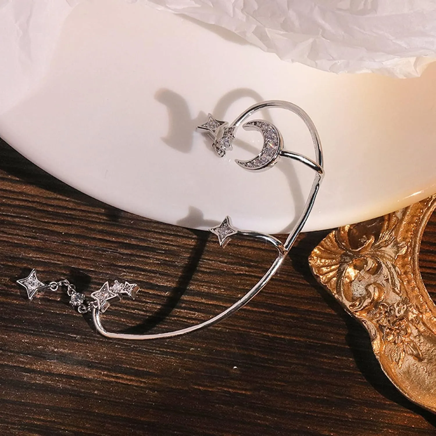 Inlaid Zircon Star Moon No Piercing Ear Crawler Climber Earrings Ear Clip Wrap Around Earrings for Women (A, One Size)