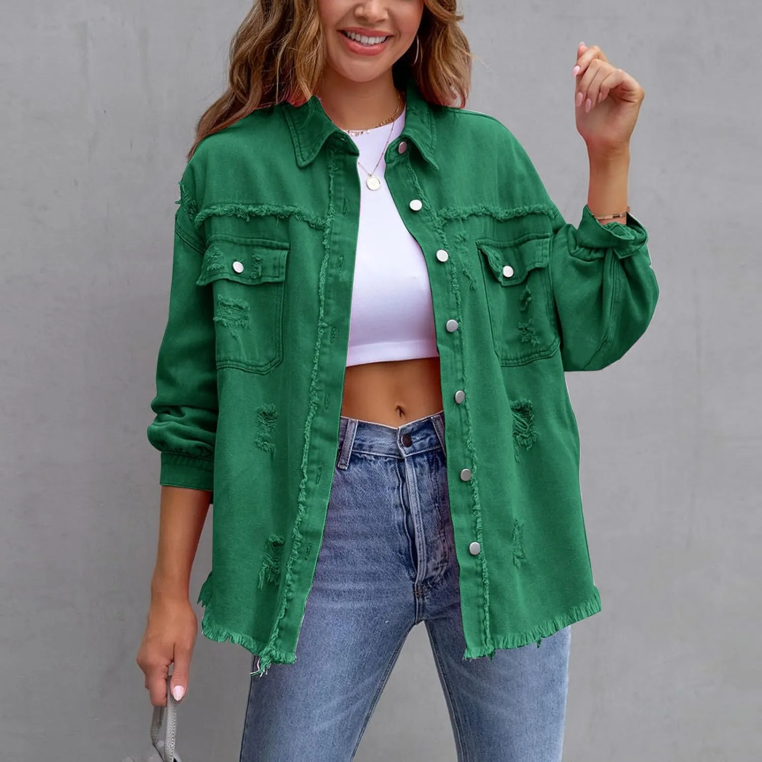 Jean Jacket Women,2024 Trendy Classic Lapel Button Down Up Frayed Hem Shacket Long Sleeve Distresse Trucker Coats