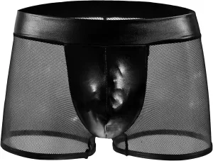 JEKE-DG Men's Hollow Out Erotic Faux Leather Boxer Briefs See Through Breathable Mesh Shorts Sexy Clubwear Underwear
