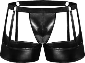 JEKE-DG Men's Hollow Out Erotic Faux Leather Boxer Briefs See Through Breathable Mesh Shorts Sexy Clubwear Underwear