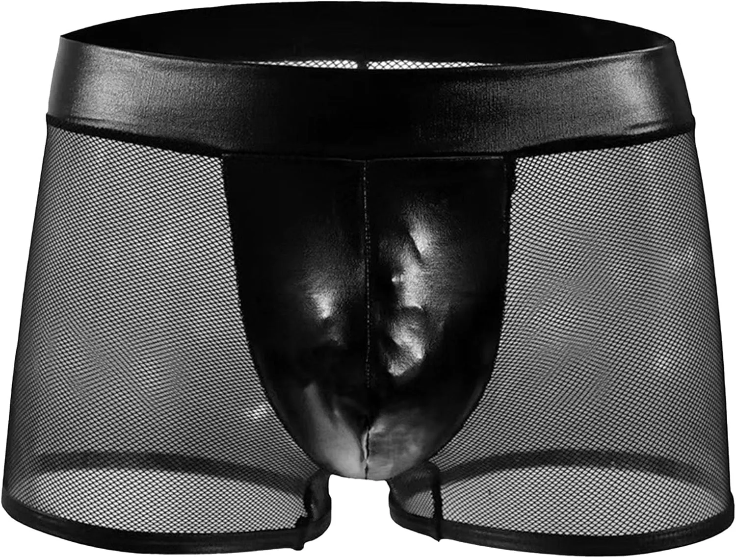 JEKE-DG Men's Hollow Out Erotic Faux Leather Boxer Briefs See Through Breathable Mesh Shorts Sexy Clubwear Underwear