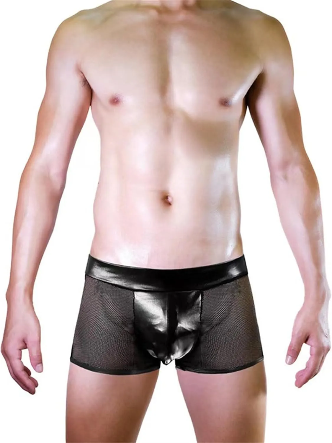 JEKE-DG Men's Hollow Out Erotic Faux Leather Boxer Briefs See Through Breathable Mesh Shorts Sexy Clubwear Underwear