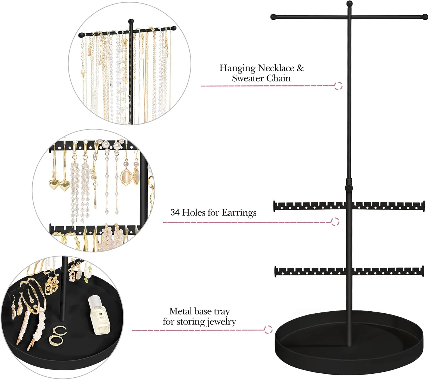 Jenseits Jewelry Holder Stand, 3 Tier Necklace Tree Organizer, Adjustable Height Jewelry Earring Display Towers, Long Necklaces Earrings Bracelets Jewelry Storage Rack for Dresser Bathroom Vanity