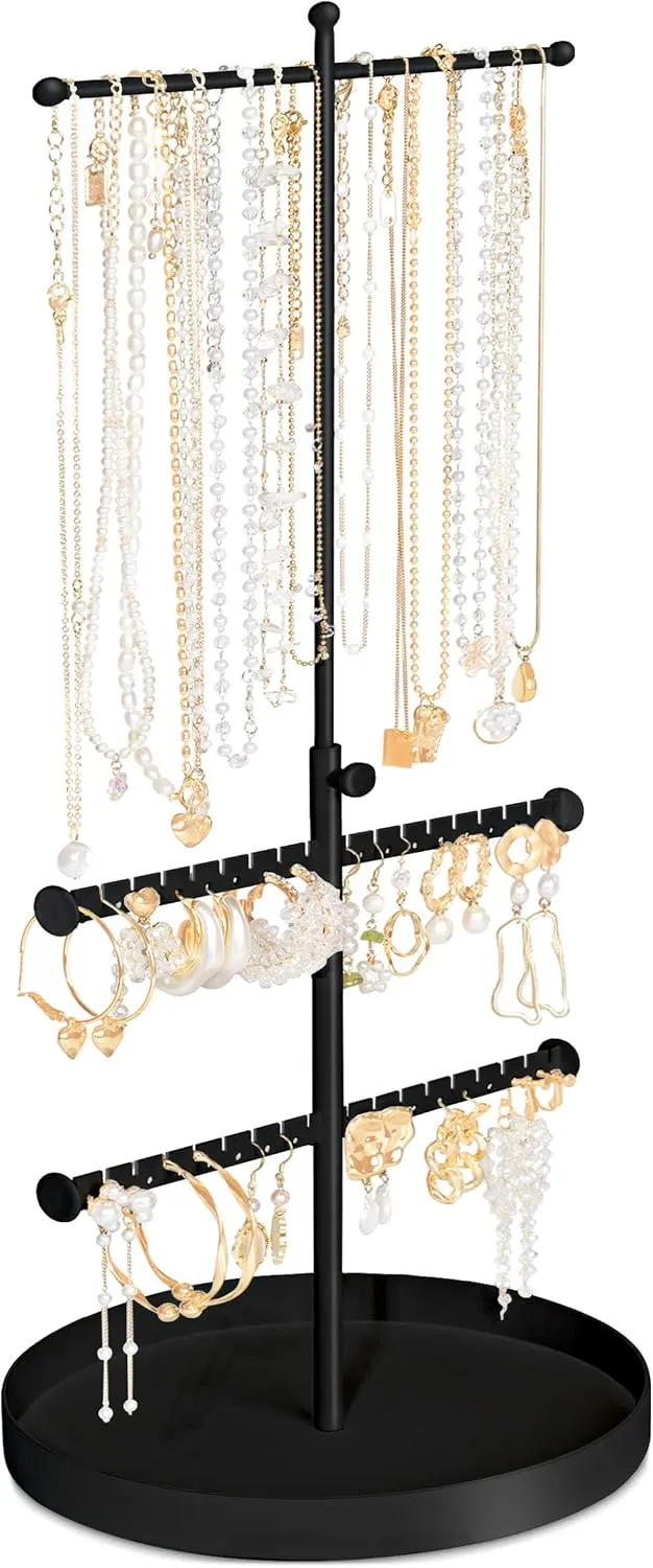 Jenseits Jewelry Holder Stand, 3 Tier Necklace Tree Organizer, Adjustable Height Jewelry Earring Display Towers, Long Necklaces Earrings Bracelets Jewelry Storage Rack for Dresser Bathroom Vanity