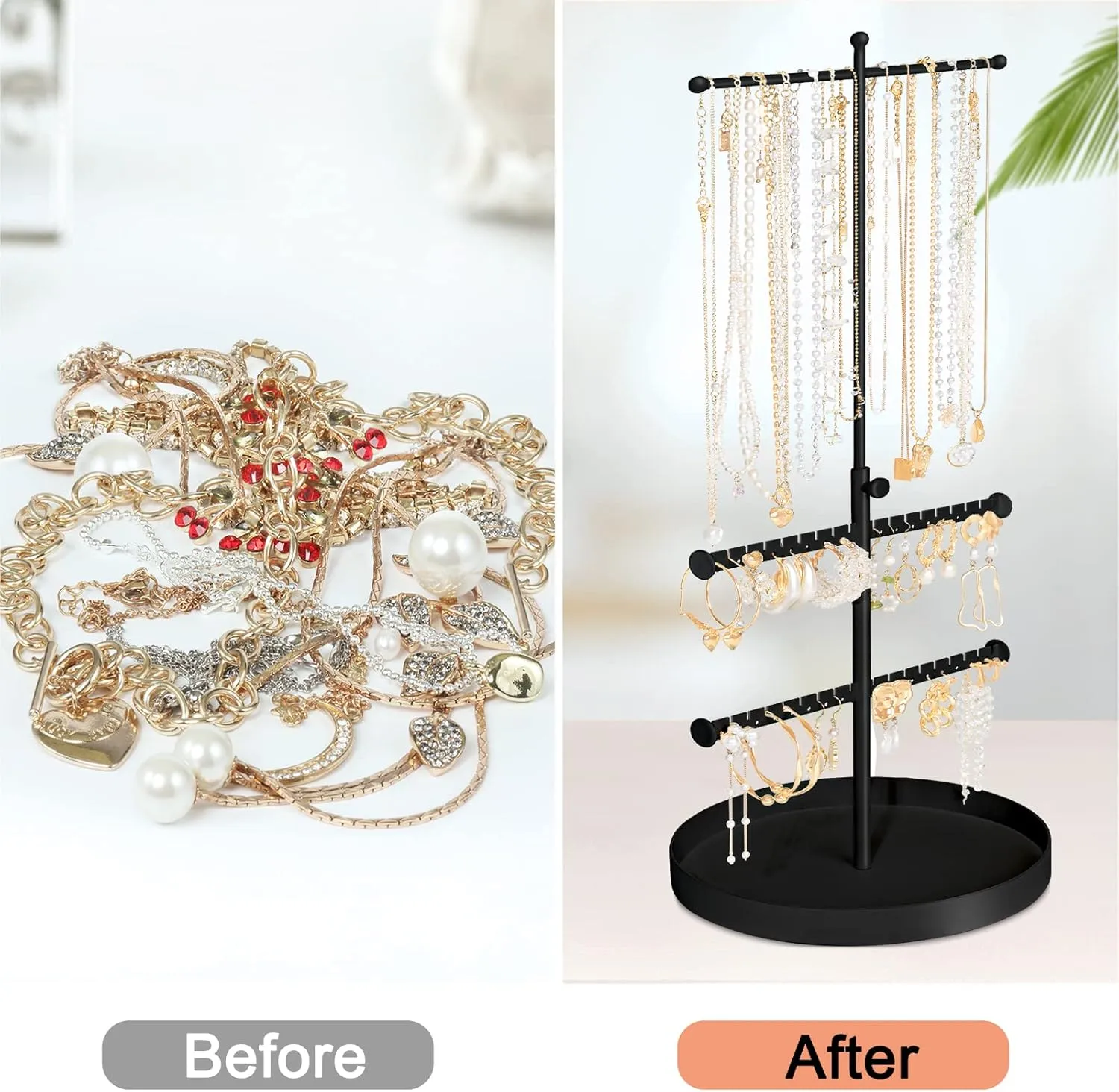 Jenseits Jewelry Holder Stand, 3 Tier Necklace Tree Organizer, Adjustable Height Jewelry Earring Display Towers, Long Necklaces Earrings Bracelets Jewelry Storage Rack for Dresser Bathroom Vanity