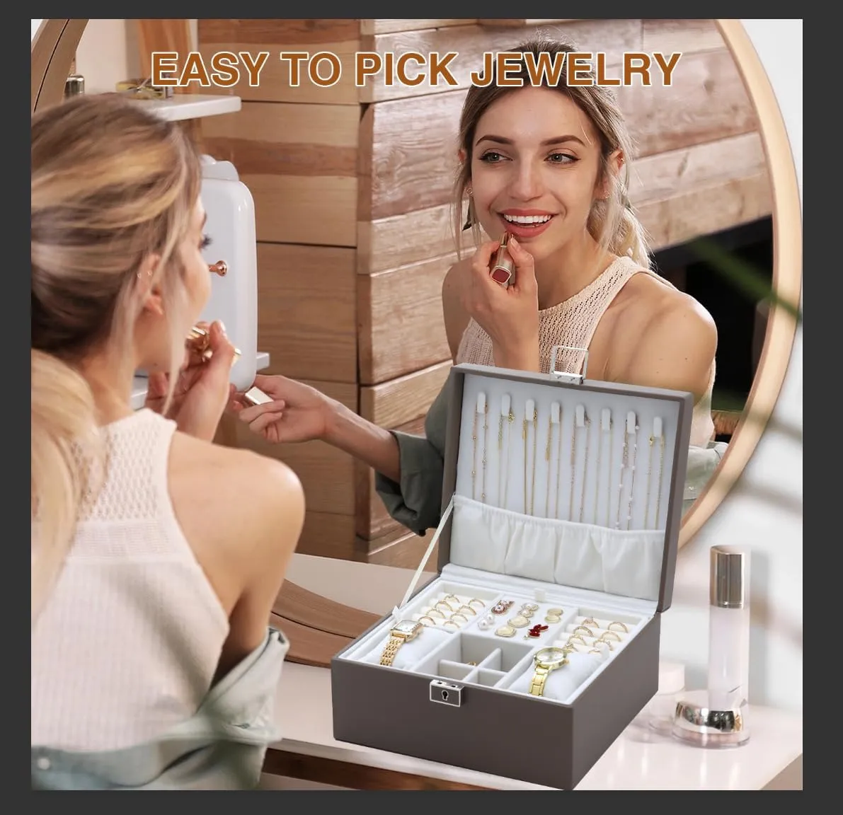 Jewelry Organizer Box for Girls Women,Large Genuine Leather Jewelry Organizers and Storage with Earring Holder Organizer Removable Velvet Jewelry Tray,Christmas Gifts for Mom,Grey