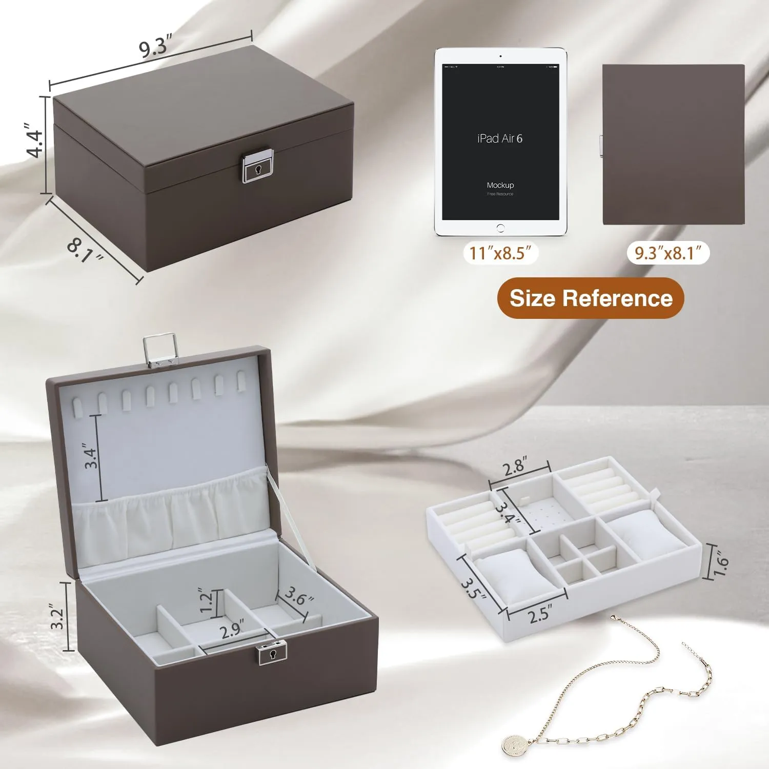 Jewelry Organizer Box for Girls Women,Large Genuine Leather Jewelry Organizers and Storage with Earring Holder Organizer Removable Velvet Jewelry Tray,Christmas Gifts for Mom,Grey