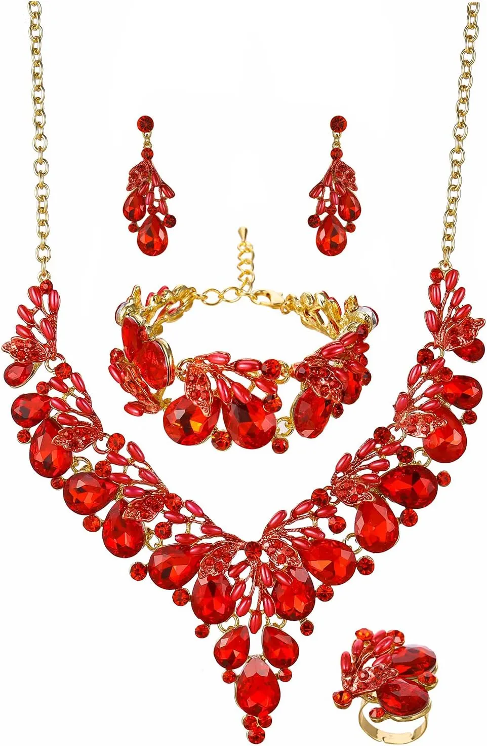 Jewelry Set for Women, Statement Necklace Dangle Earrings Bracelet Ring, White/KC Gold Plated Jewelry Set with Rhinestone Pearl Crystal Wedding Party Jewelry for Bridal Bridesmaid