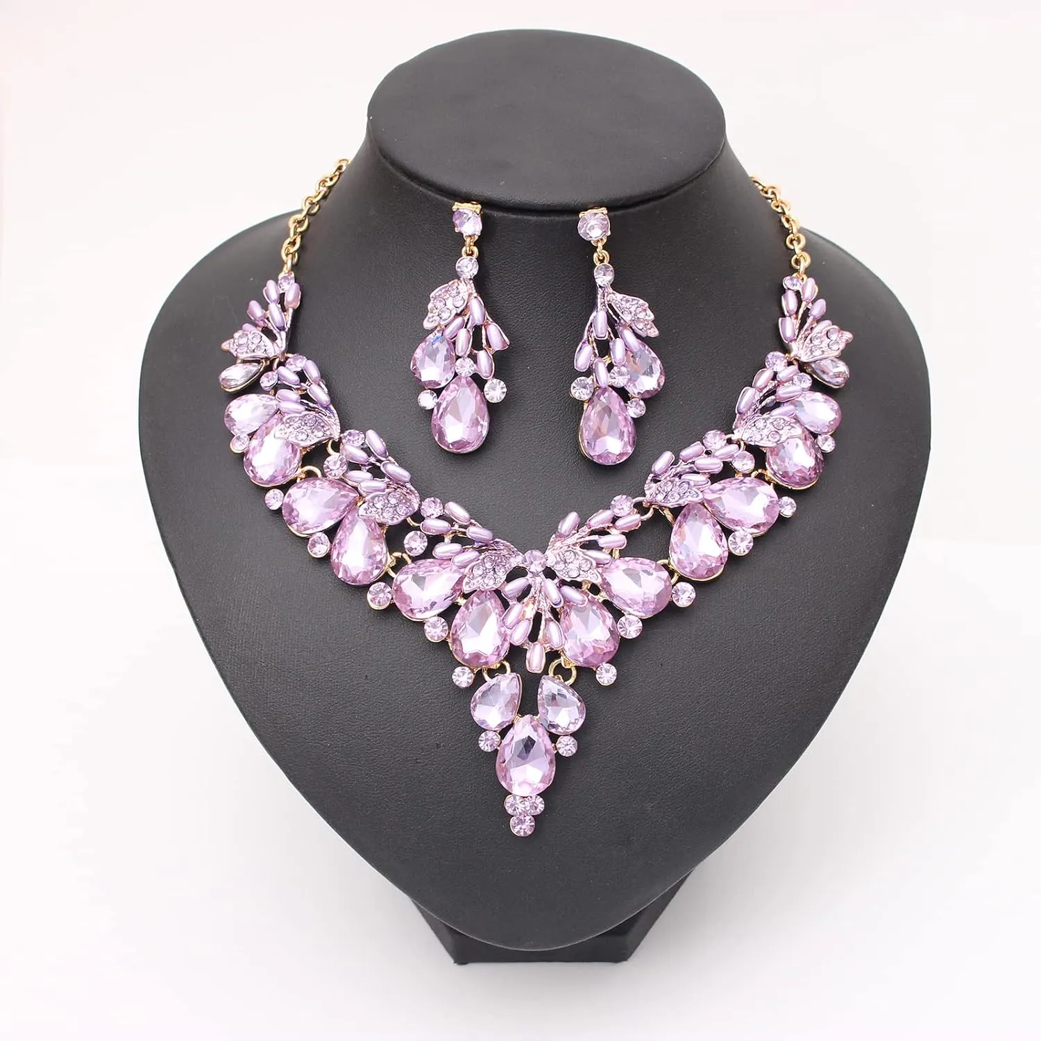 Jewelry Set for Women, Statement Necklace Dangle Earrings Bracelet Ring, White/KC Gold Plated Jewelry Set with Rhinestone Pearl Crystal Wedding Party Jewelry for Bridal Bridesmaid