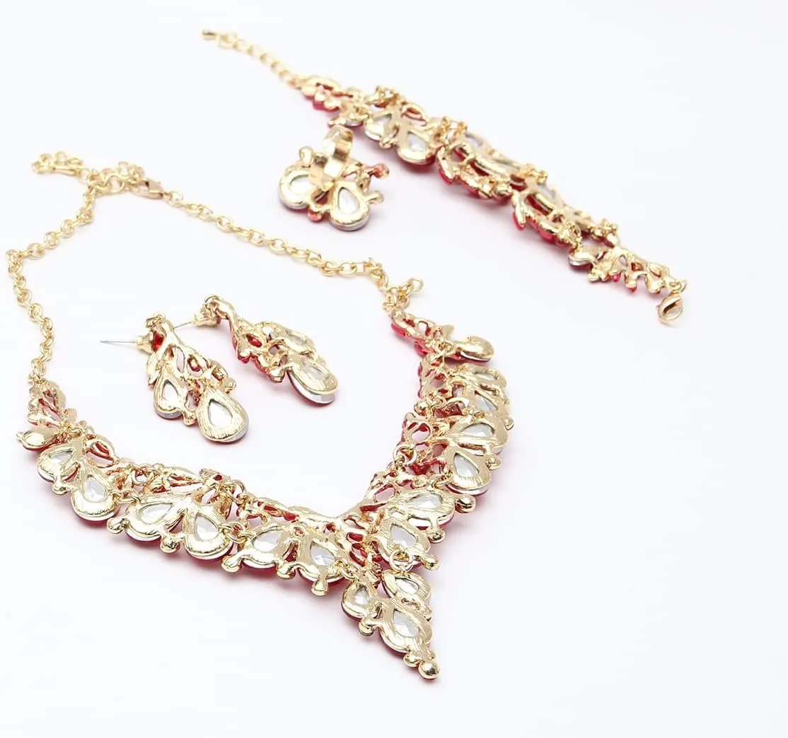Jewelry Set for Women, Statement Necklace Dangle Earrings Bracelet Ring, White/KC Gold Plated Jewelry Set with Rhinestone Pearl Crystal Wedding Party Jewelry for Bridal Bridesmaid