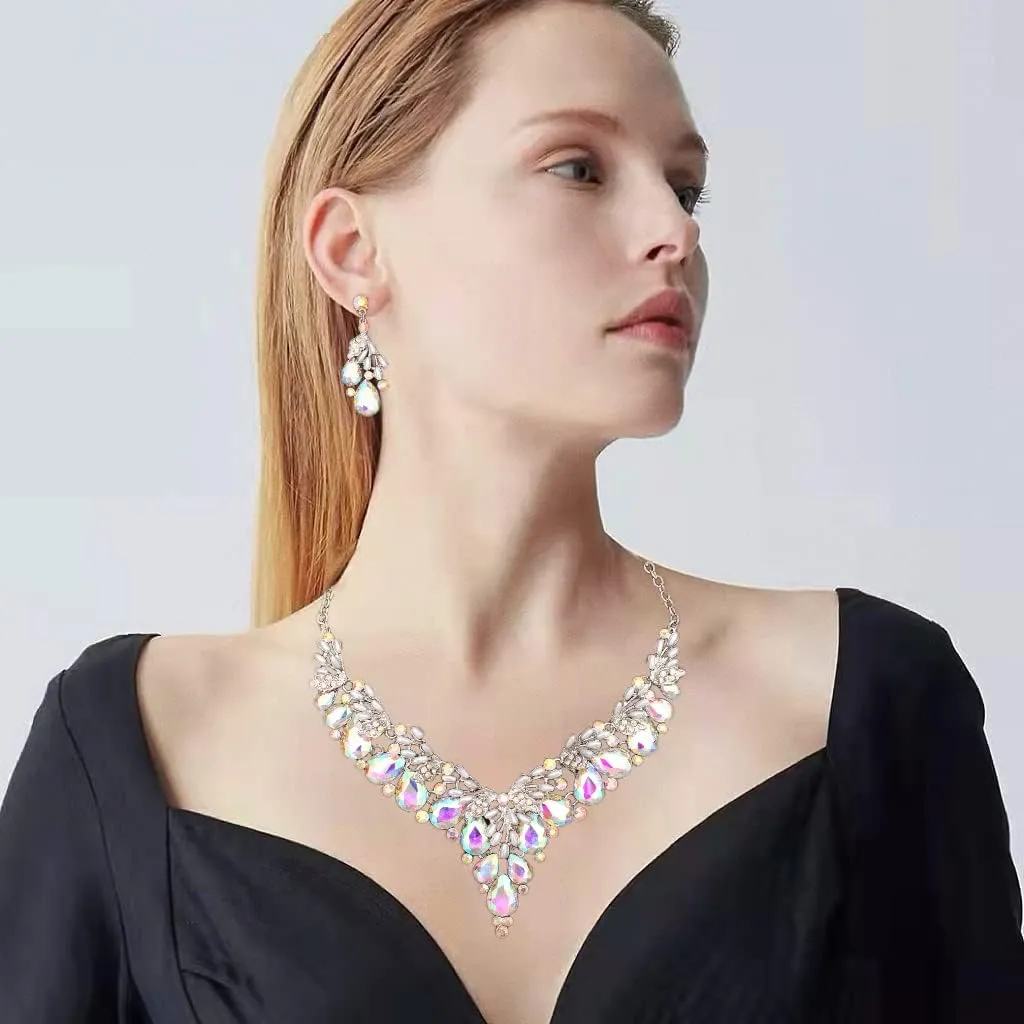 Jewelry Set for Women, Statement Necklace Dangle Earrings Bracelet Ring, White/KC Gold Plated Jewelry Set with Rhinestone Pearl Crystal Wedding Party Jewelry for Bridal Bridesmaid