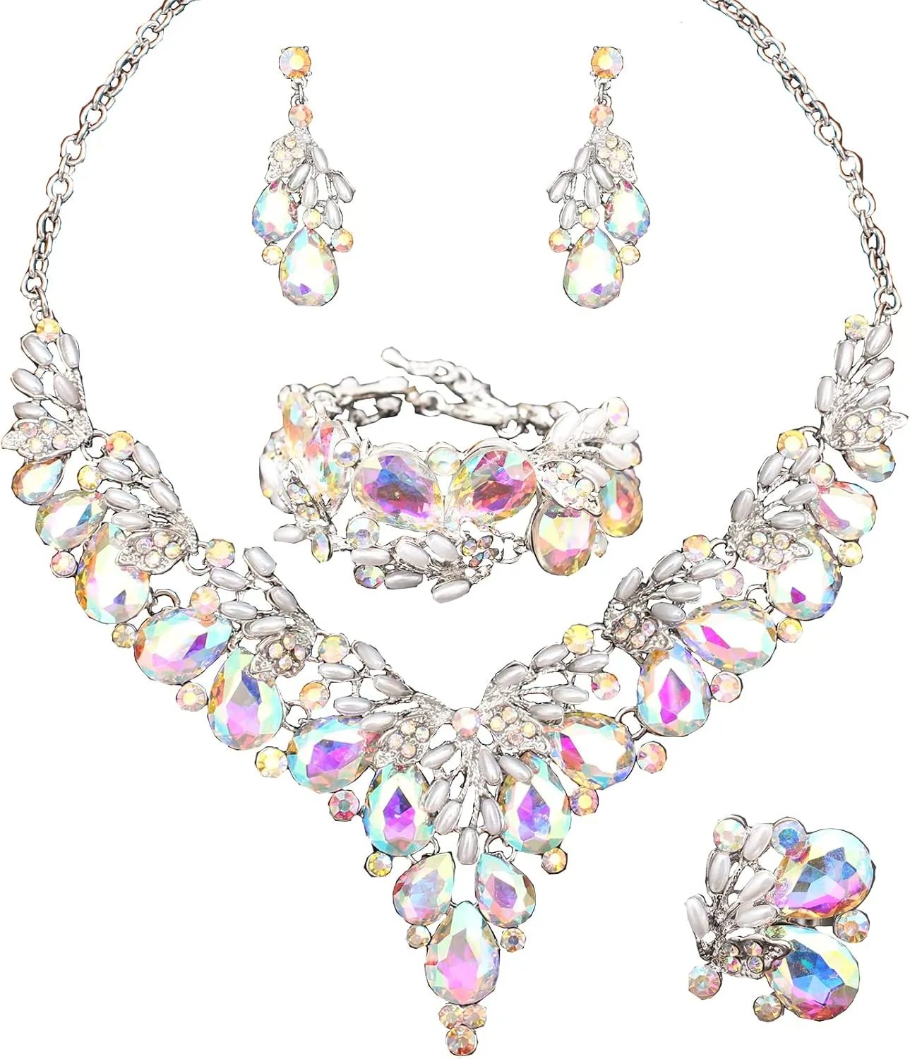 Jewelry Set for Women, Statement Necklace Dangle Earrings Bracelet Ring, White/KC Gold Plated Jewelry Set with Rhinestone Pearl Crystal Wedding Party Jewelry for Bridal Bridesmaid