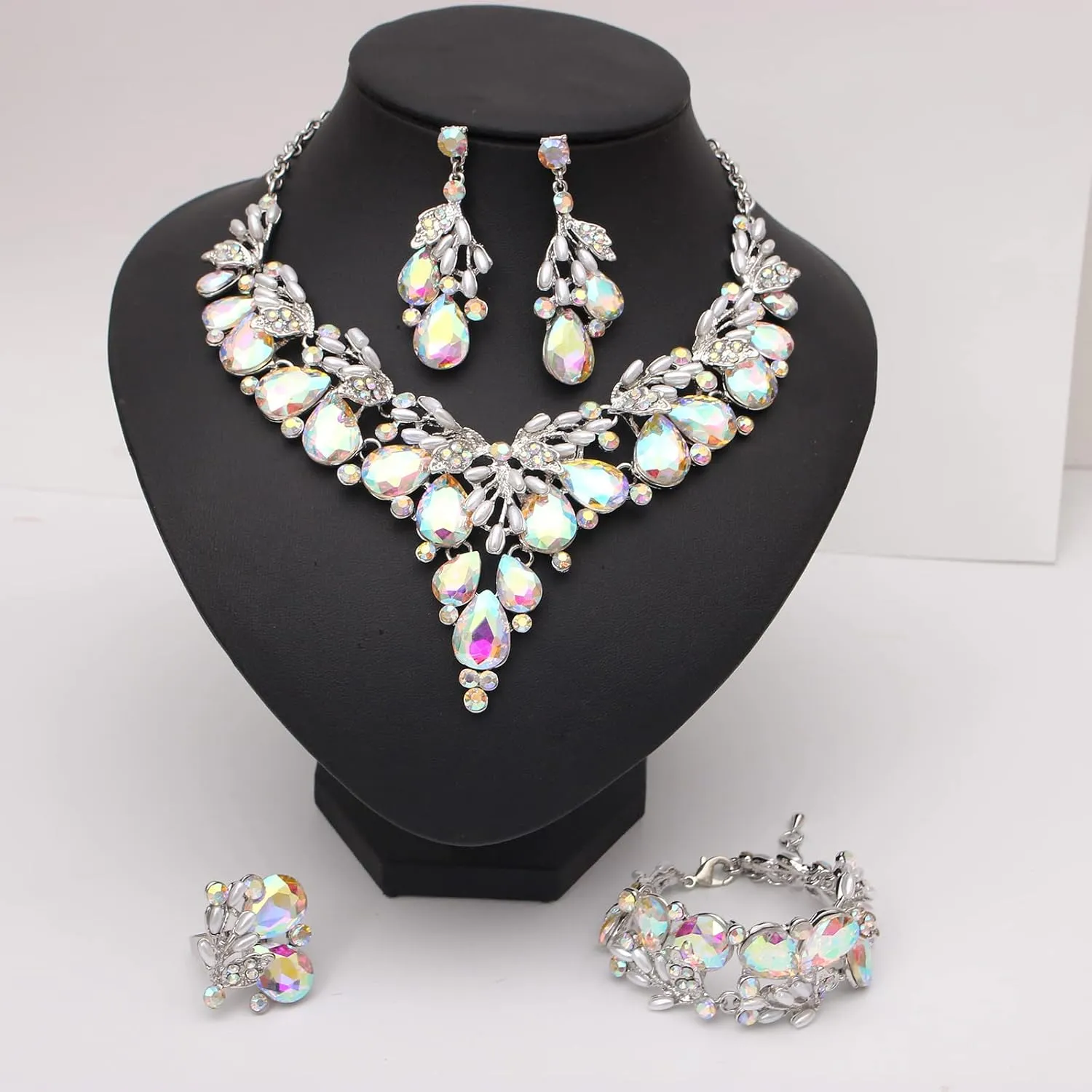 Jewelry Set for Women, Statement Necklace Dangle Earrings Bracelet Ring, White/KC Gold Plated Jewelry Set with Rhinestone Pearl Crystal Wedding Party Jewelry for Bridal Bridesmaid