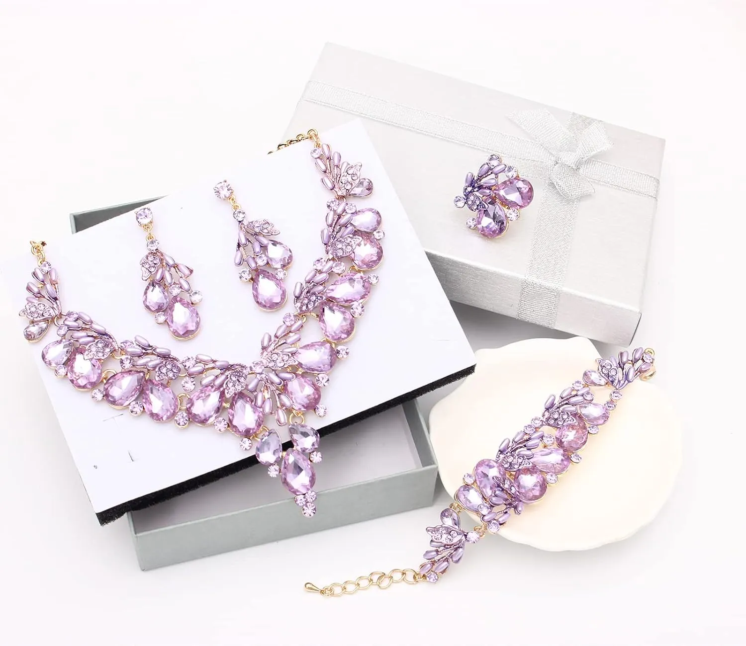 Jewelry Set for Women, Statement Necklace Dangle Earrings Bracelet Ring, White/KC Gold Plated Jewelry Set with Rhinestone Pearl Crystal Wedding Party Jewelry for Bridal Bridesmaid