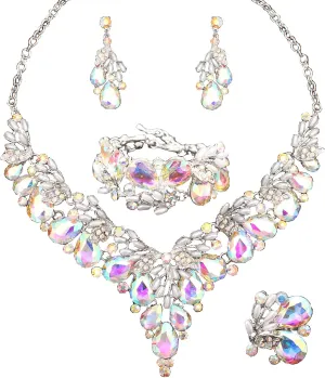 Jewelry Set for Women, Statement Necklace Dangle Earrings Bracelet Ring, White/KC Gold Plated Jewelry Set with Rhinestone Pearl Crystal Wedding Party Jewelry for Bridal Bridesmaid