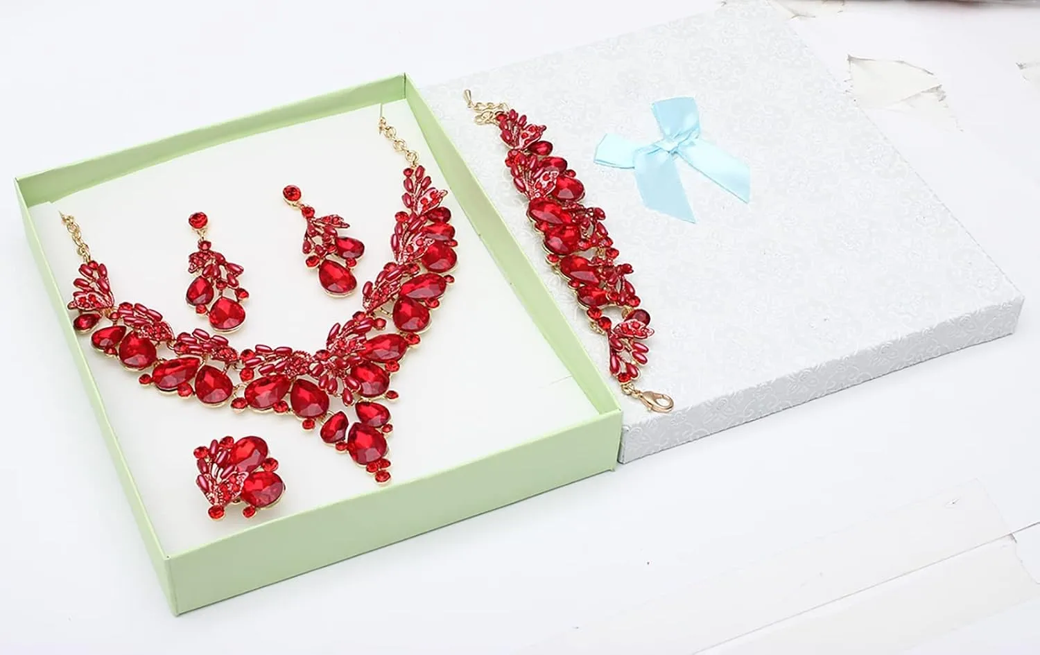 Jewelry Set for Women, Statement Necklace Dangle Earrings Bracelet Ring, White/KC Gold Plated Jewelry Set with Rhinestone Pearl Crystal Wedding Party Jewelry for Bridal Bridesmaid