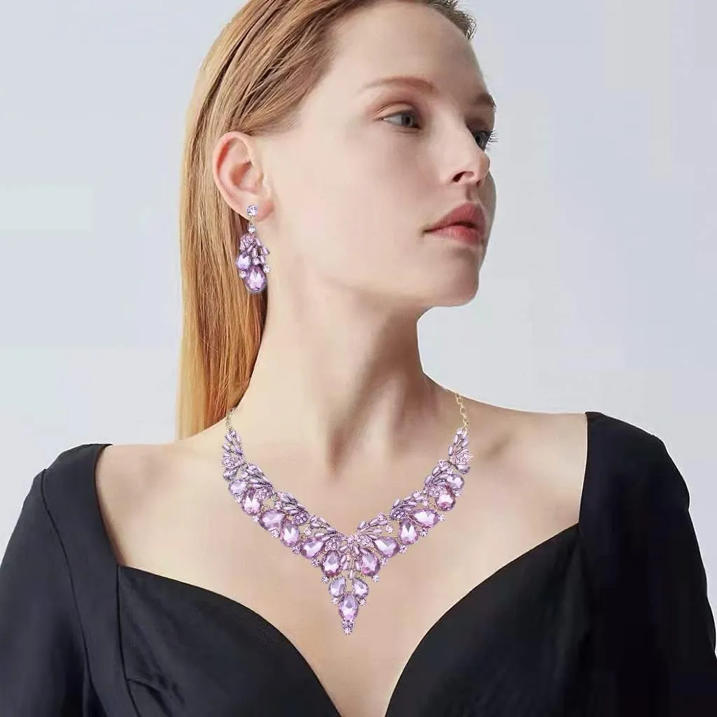 Jewelry Set for Women, Statement Necklace Dangle Earrings Bracelet Ring, White/KC Gold Plated Jewelry Set with Rhinestone Pearl Crystal Wedding Party Jewelry for Bridal Bridesmaid