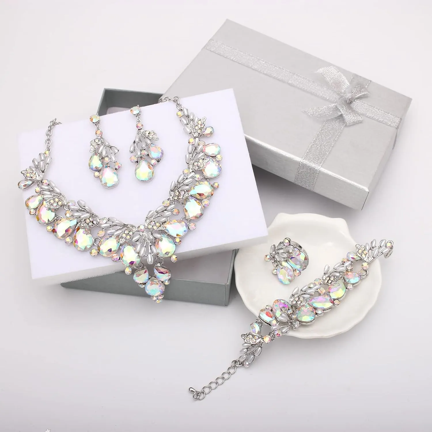 Jewelry Set for Women, Statement Necklace Dangle Earrings Bracelet Ring, White/KC Gold Plated Jewelry Set with Rhinestone Pearl Crystal Wedding Party Jewelry for Bridal Bridesmaid