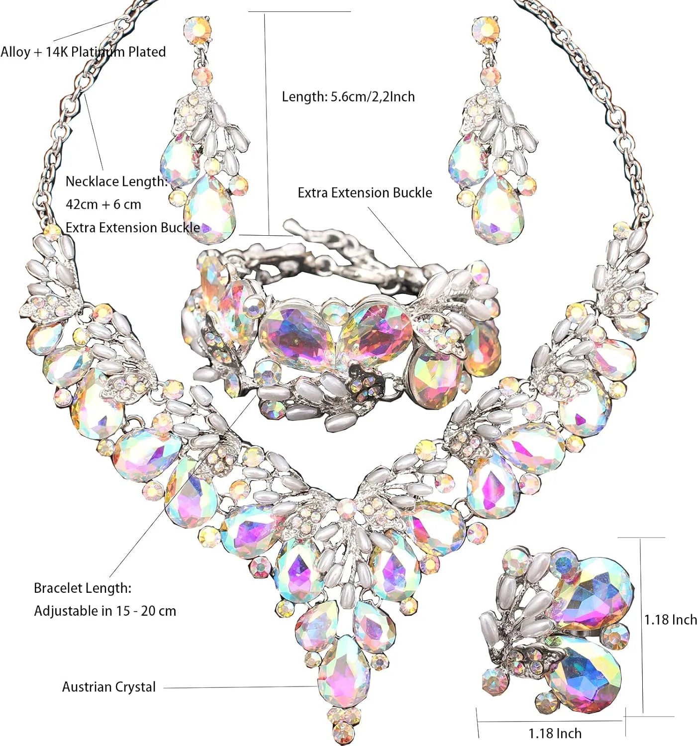 Jewelry Set for Women, Statement Necklace Dangle Earrings Bracelet Ring, White/KC Gold Plated Jewelry Set with Rhinestone Pearl Crystal Wedding Party Jewelry for Bridal Bridesmaid