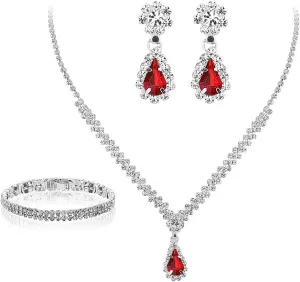 Jewelry Sets for Women, Silver Jewelry Set for Women Rhinestone Crystal Necklace Drop Earrings Link Bangle Bracelet, Bridal Jewelry Set Luxurious and High-end Accessories (Red 3pcs)