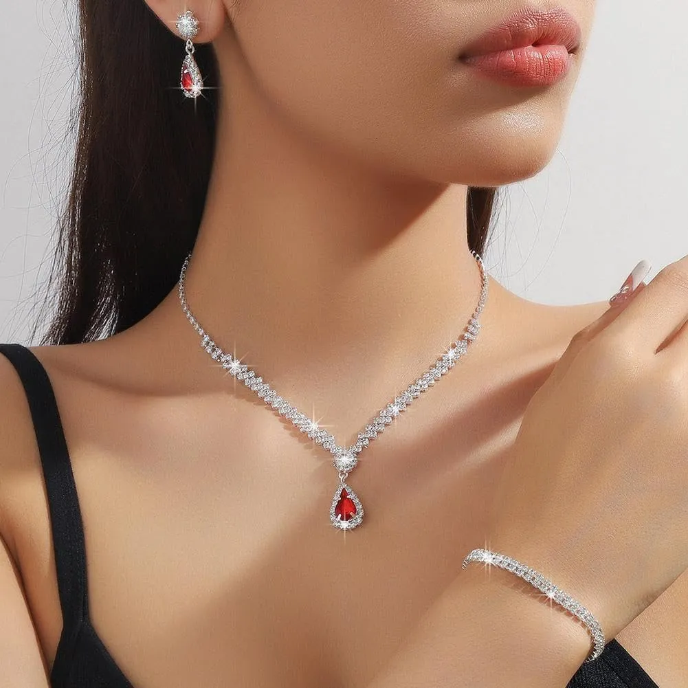 Jewelry Sets for Women, Silver Jewelry Set for Women Rhinestone Crystal Necklace Drop Earrings Link Bangle Bracelet, Bridal Jewelry Set Luxurious and High-end Accessories (Red 3pcs)