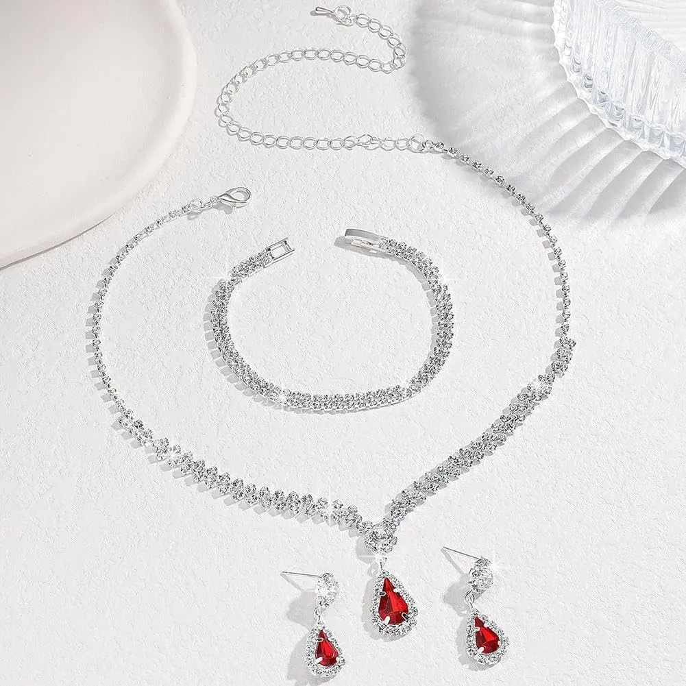 Jewelry Sets for Women, Silver Jewelry Set for Women Rhinestone Crystal Necklace Drop Earrings Link Bangle Bracelet, Bridal Jewelry Set Luxurious and High-end Accessories (Red 3pcs)