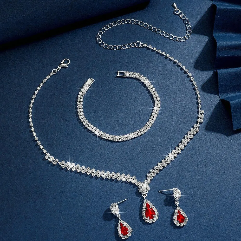 Jewelry Sets for Women, Silver Jewelry Set for Women Rhinestone Crystal Necklace Drop Earrings Link Bangle Bracelet, Bridal Jewelry Set Luxurious and High-end Accessories (Red 3pcs)